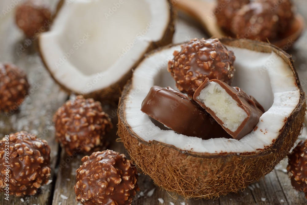 Chocolate candies and coconut Chocolate candies and coconut