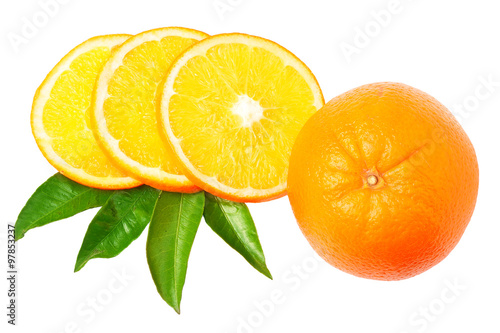 One orange with slices and leaves
