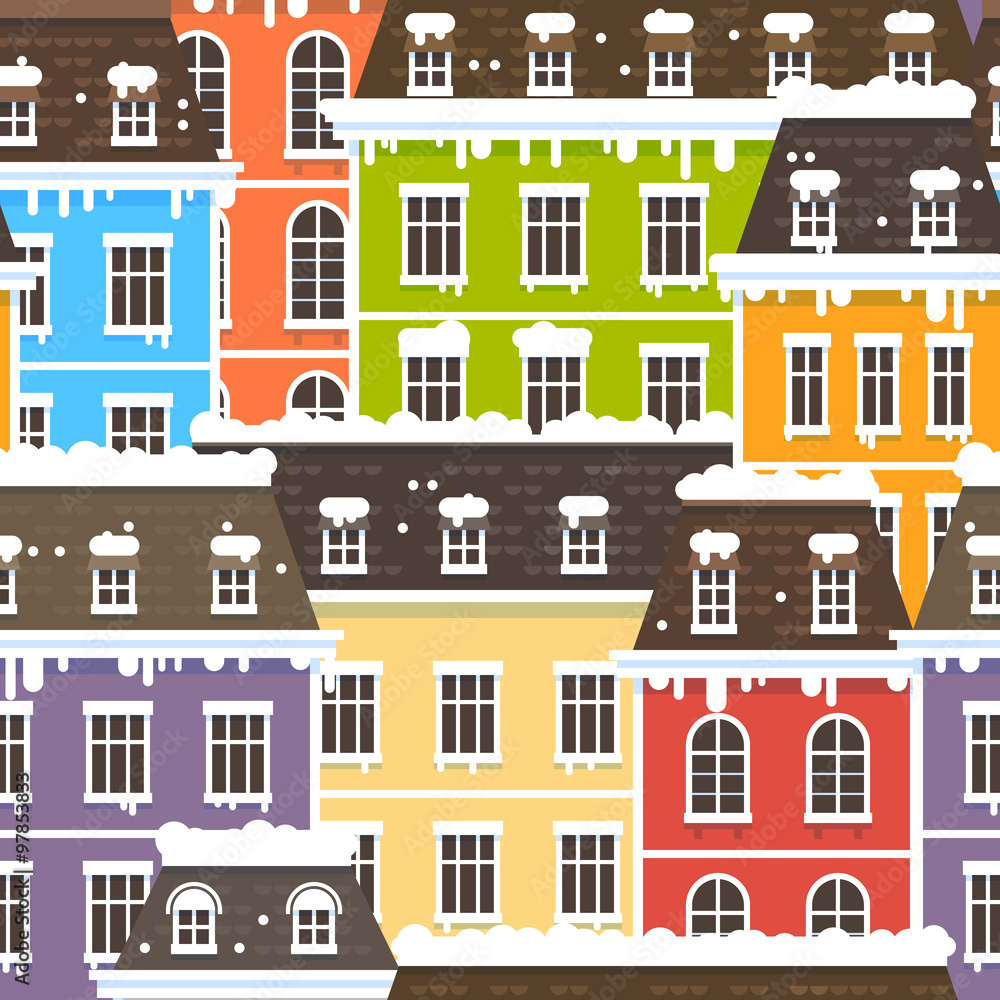 Winter City Seamless Pattern. Vector illustration with snowy flat houses. Christmas and New year Background