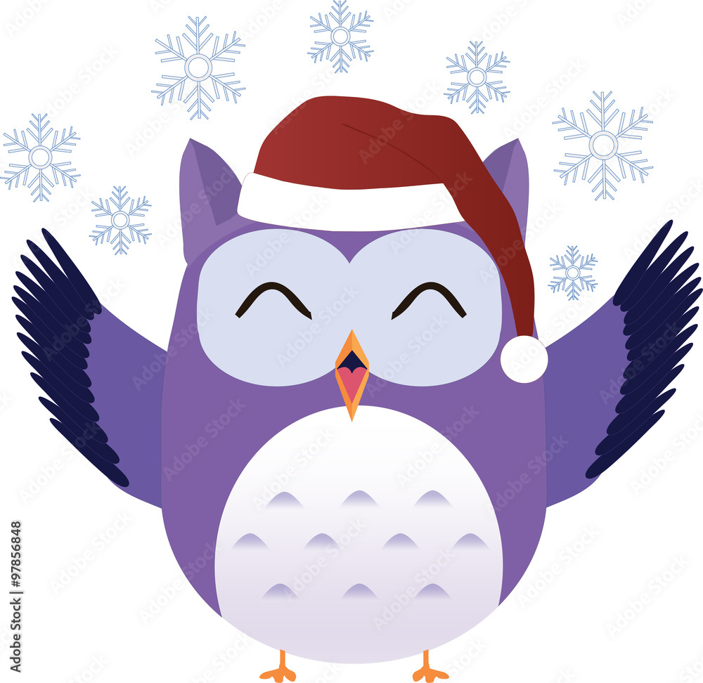 Fototapeta premium Happy cute vector purple owl in Christmas cap with snowflakes