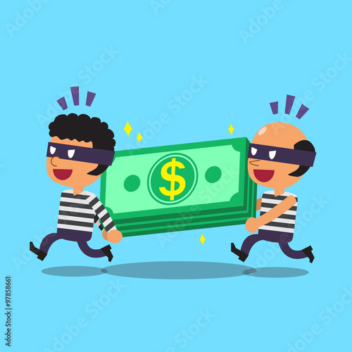 Cartoon thieves stealing money stack