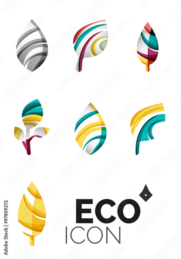 Set of abstract eco leaf icons, business logotype nature concepts, clean modern geometric design
