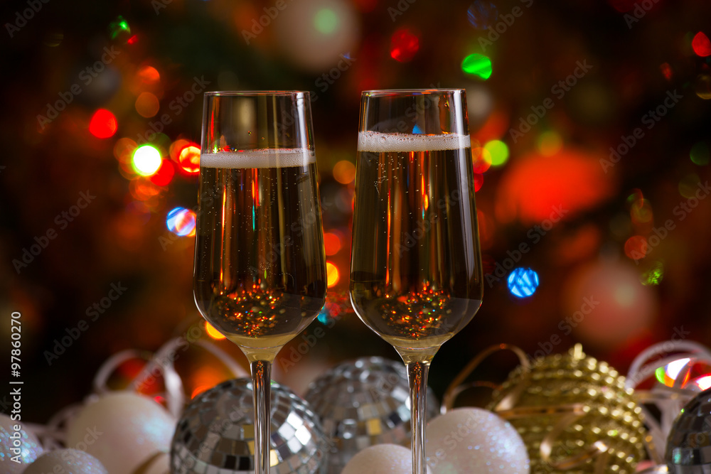 Two champagne glasses and christmas balls Two champagne glasses and christmas balls
