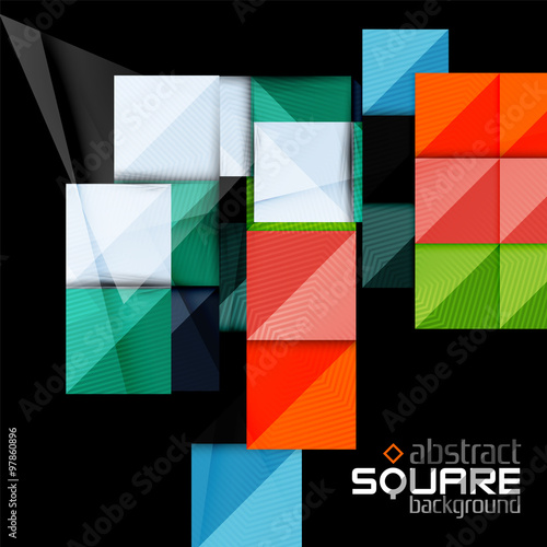 Glossy color squares on black. Geometric abstract background