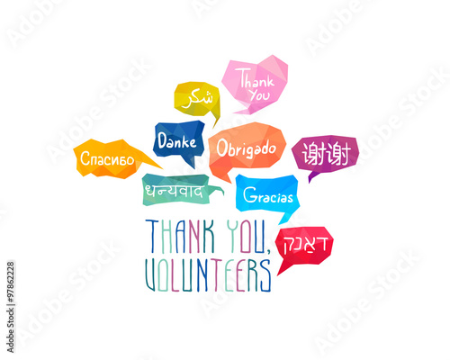 "Thank you, volunteers" gratitude banner.  Speech bubbles with words "Thank You" on different languages (English, Chinese, Spanish, Russian, Arabic, Hebrew, Portuguese, German, Hindi)