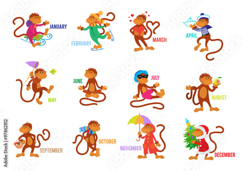 Funny monkeys set isolated on white background