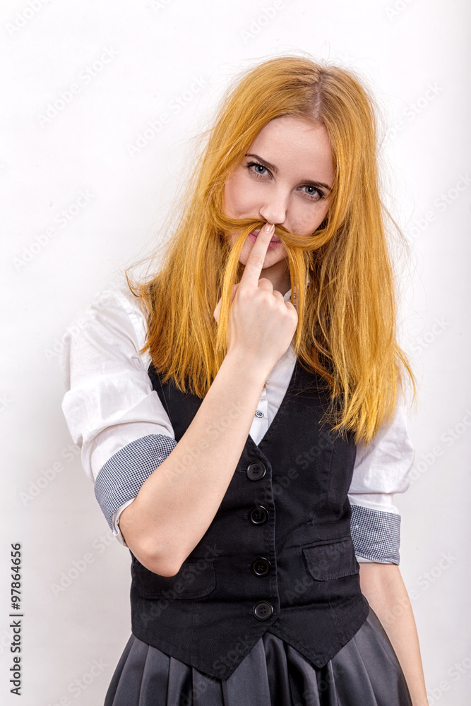 woman making mustache woman making mustache