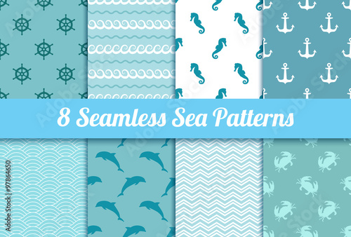 Set of seamless sea patterns. Wave, anchor, dolphin, crab, steer