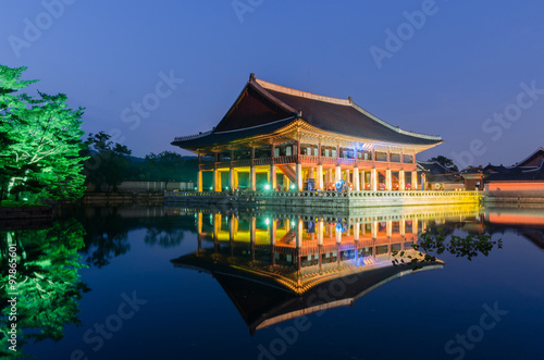reflection of Gyeongbokgung palace at night in Seoul  South Kore