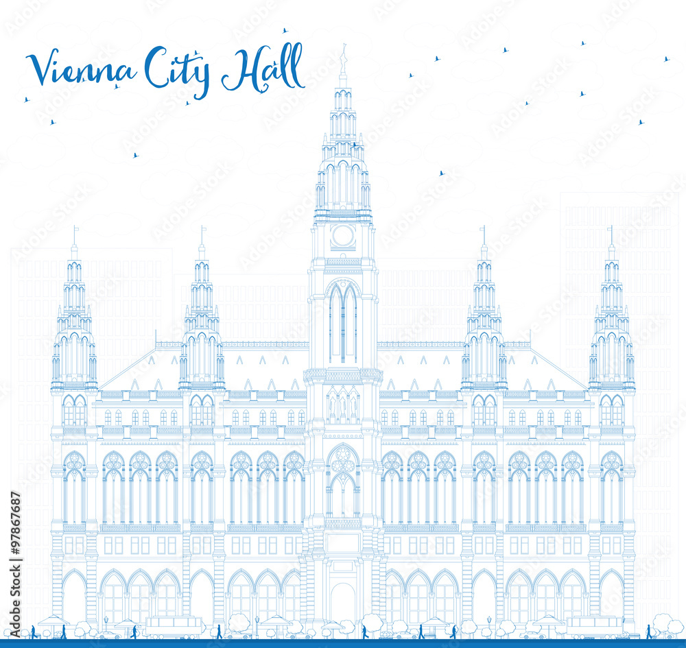 Outline Vienna City Hall in blue color. Some elements have transparency mode different from normal.