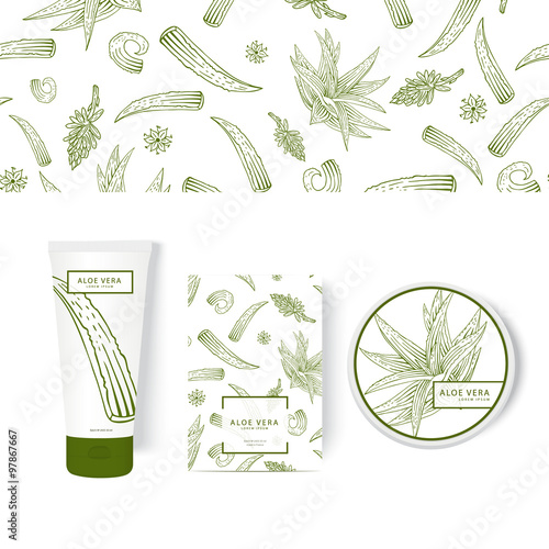 Packing concept with aloe vera. Vector labels for the jar, tube and box.