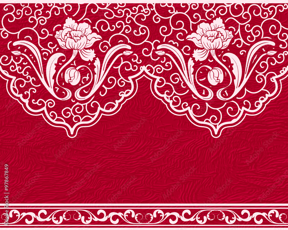 Seamless pattern based on Chinese painting. White flowers and leaves on a red background, imitation leather. Seamless pattern based on Chinese painting. White flowers and leaves on a red background, imitation leather.
