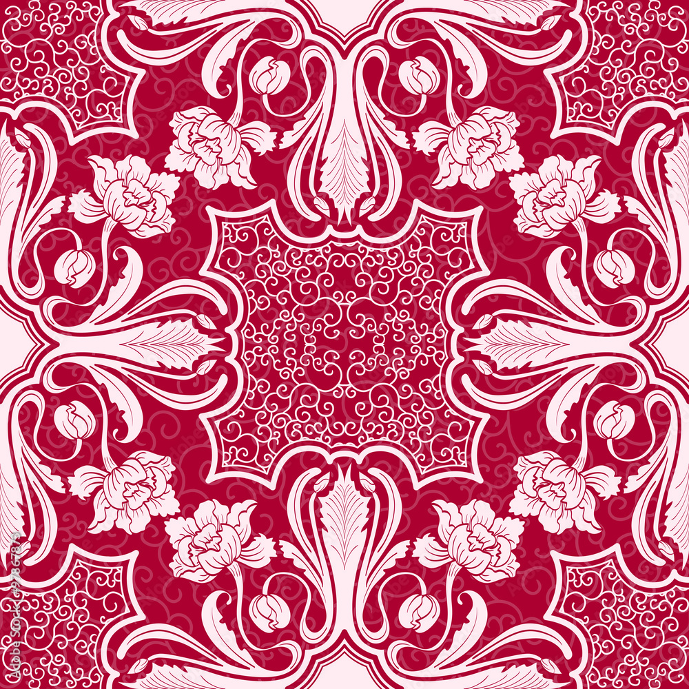 Seamless pattern. Beautiful silhouettes interwoven flowers and leaves. Background with motifs of oriental painting.