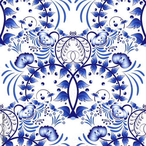 Seamless pattern based on porcelain painting gzhel style. Ornament in the national style. Blue flower painting on a white background.
