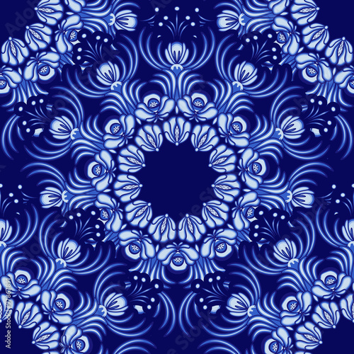 Seamless background. Floral pattern of circular ornaments. Imitation of chinese porcelain painting. Flowers in the style of Chinese painting on porcelain.