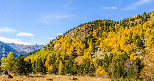 Colorful Fall landscape in the Valley of Estanyo River, Andorra