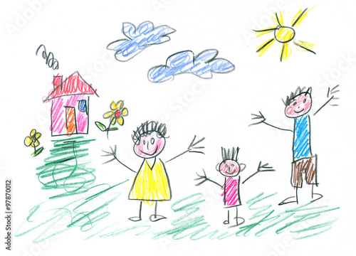Drawing made by a child, happy family in the countryside photo