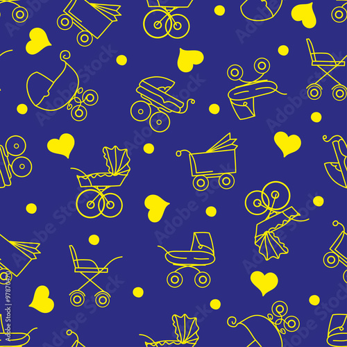 Hand-drawn colored outlines baby carriages, seamless pattern