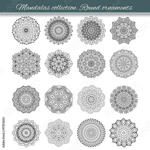 Set of abstract design element. Round mandalas in vector. Graphic template for your design. Decorative retro ornament. Hand drawn background with flowers.