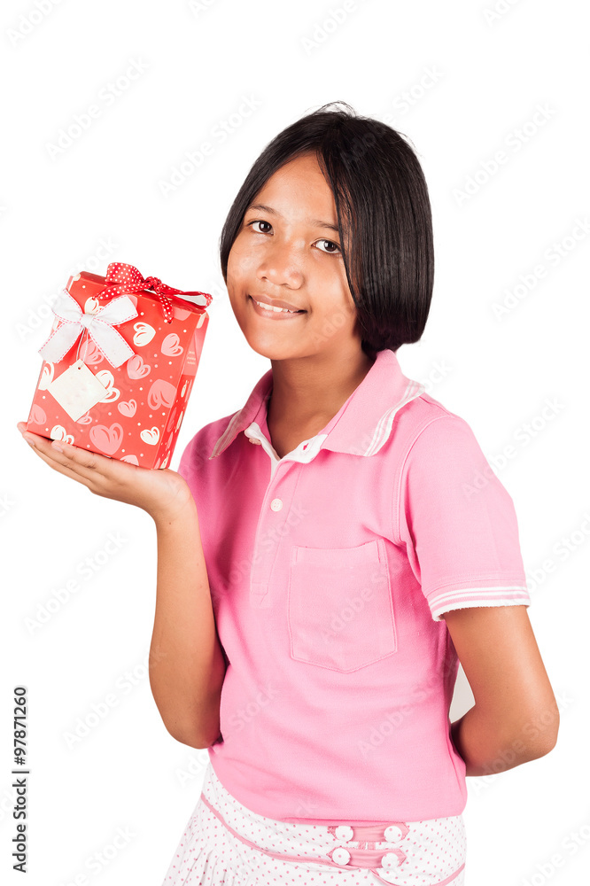 kid girl hold red gift box isolate background kid girl hold red gift box isolate background
