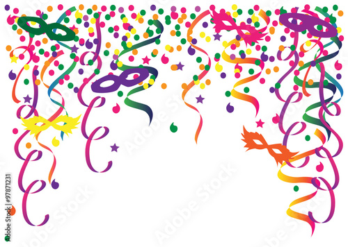 Carnival background frame with serpentine  confetti and ribbons.