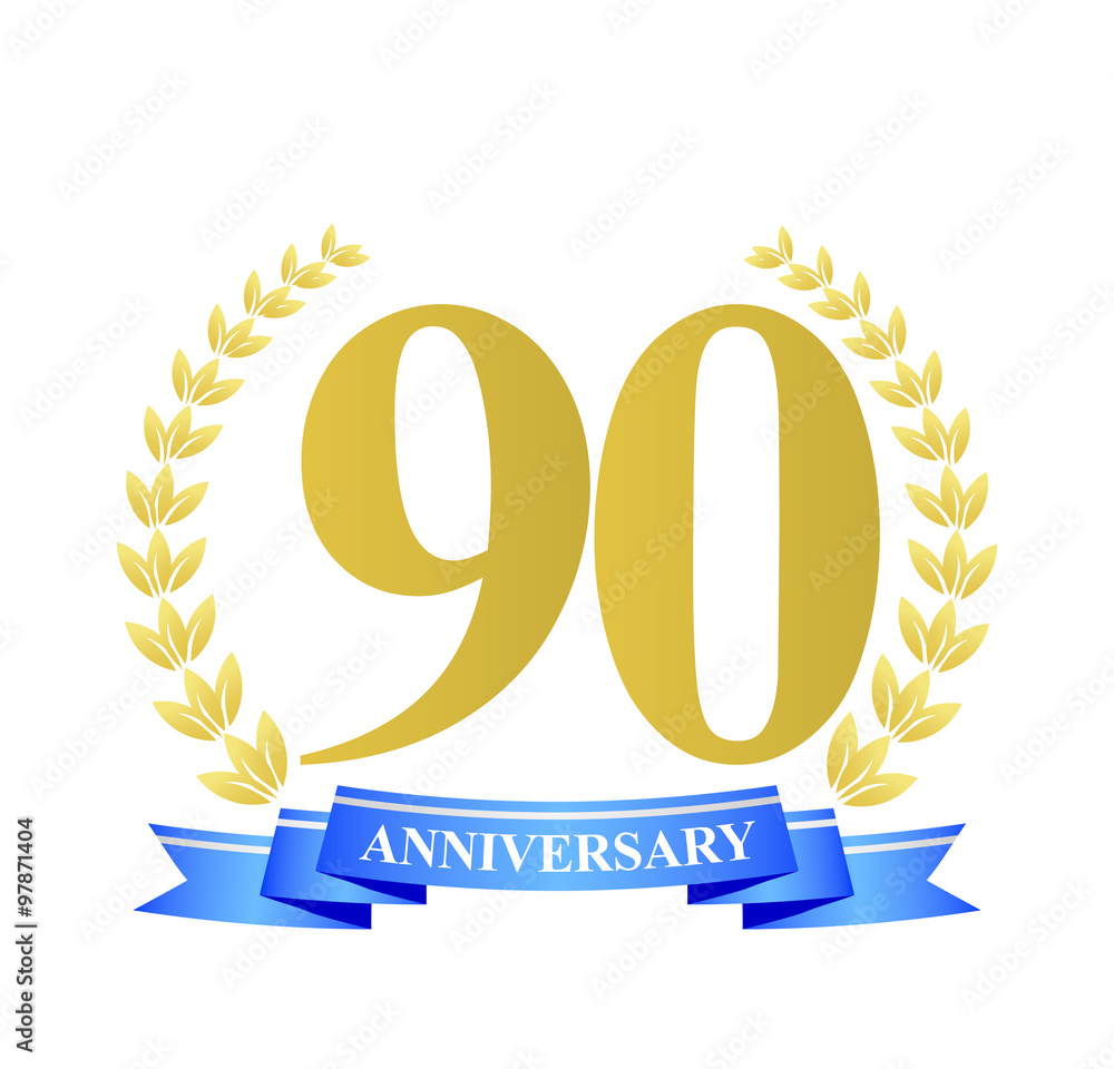 90 anniversary with blue ribbon and gold wreath 90 anniversary with blue ribbon and gold wreath