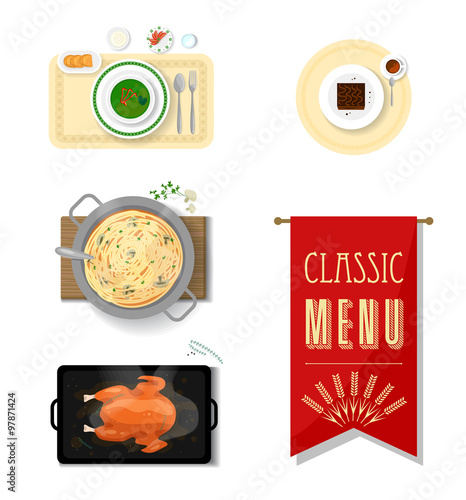 Classic menu dishes - vegetable soup, pasta with mushrooms in a pan, roasted turkey and dessert.