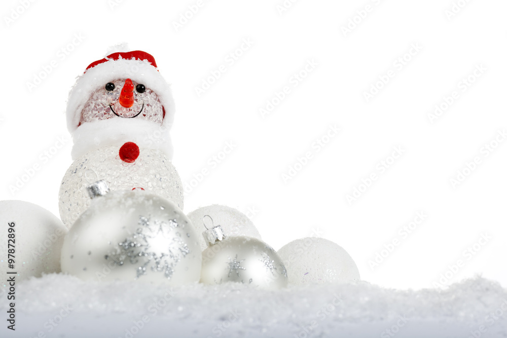snowman in the snow with Christmas balls