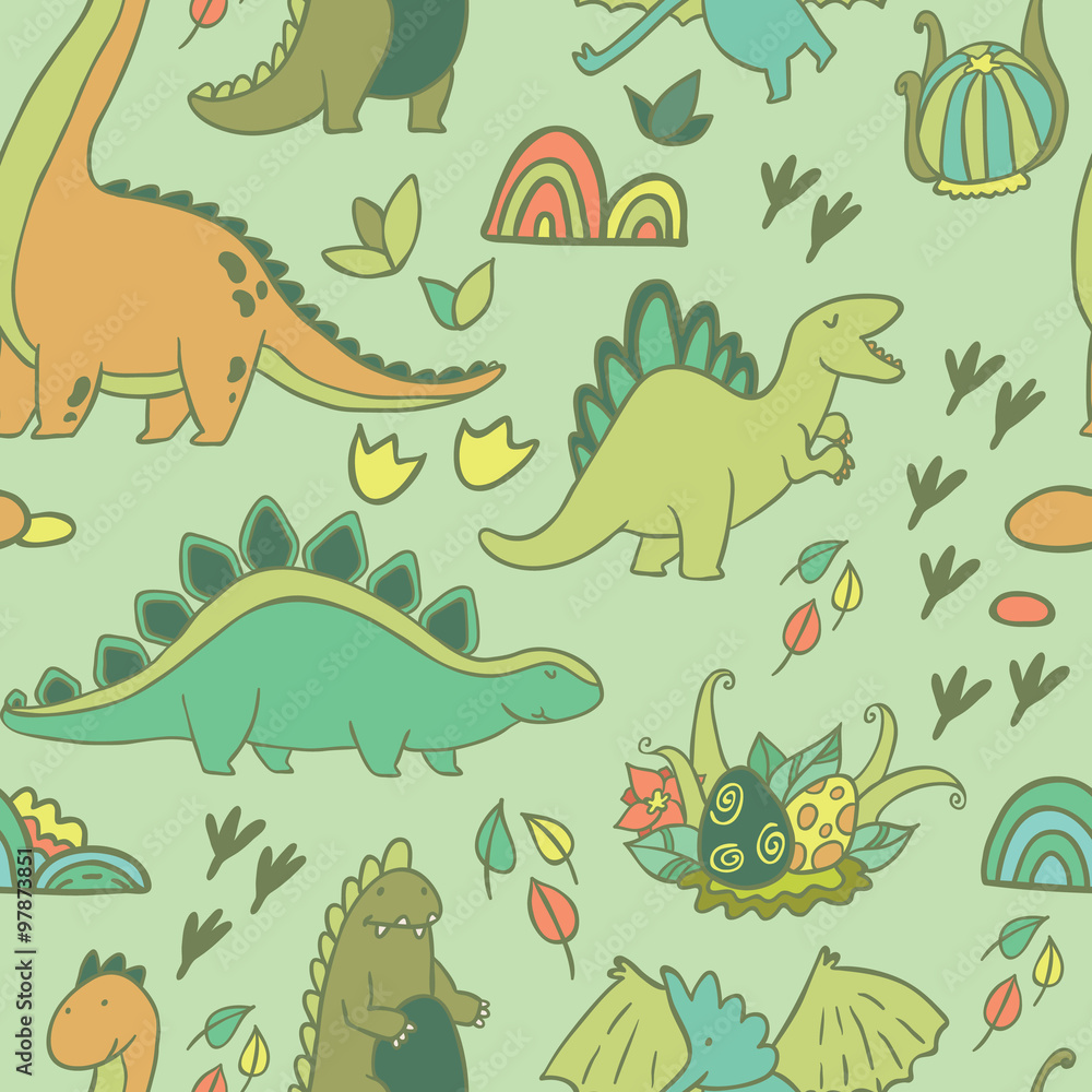 Obraz premium Adorable dinosaurs. Seamless pattern for wallpapers, pattern fills, web page backgrounds,surface textures, scrapbook pages