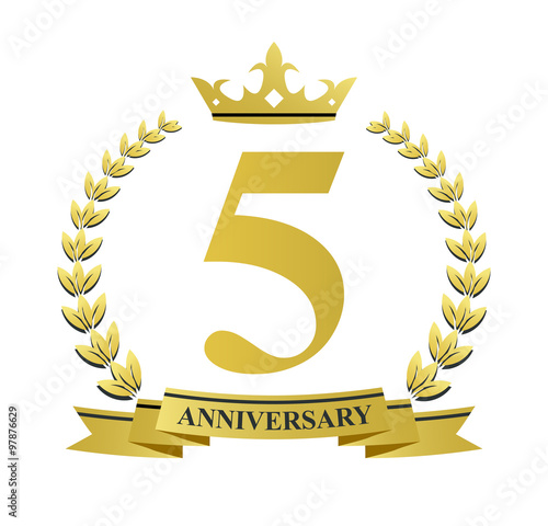 5 anniversary with golden wreath, ribbon and crown