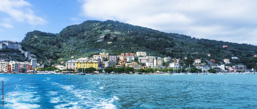 View of Cinque Terre in Liguria from the watercraft letterbox