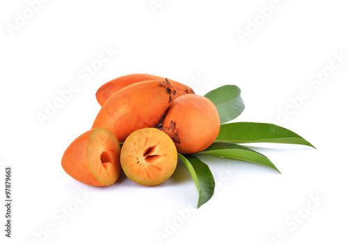 Fresh sapodilla with leaves  on white background photo