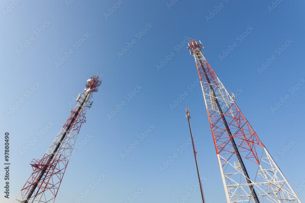 Communications tower with a blue sky