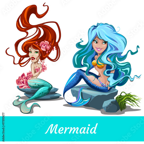 Two cute girls mermaid with blue and red hair