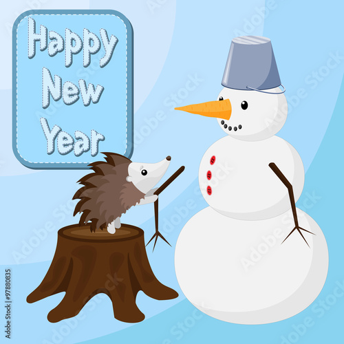 Hedgehog is building a snowman. Happy new year