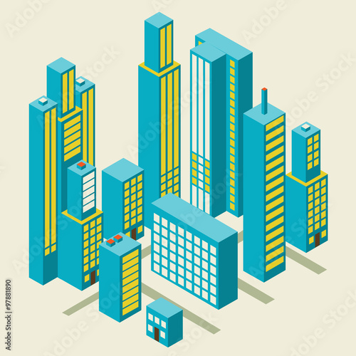 Vector isometric city center on the map with lots of buildings