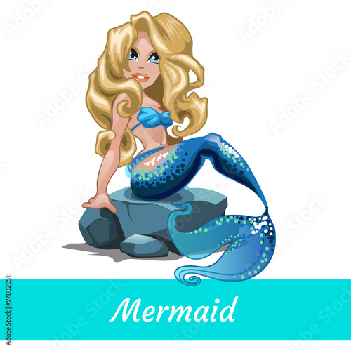 Mermaid girls with blond hair sitting on the stone