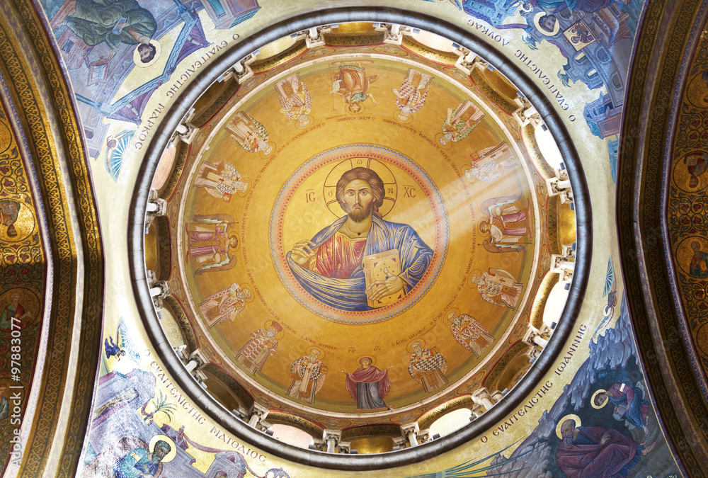 Interior and Dome of Holy Sepulchre Cathedral with Jesus Mosaic, Jerusalem