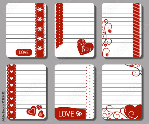 Romantic and love cards, notes, stickers, labels, tags.