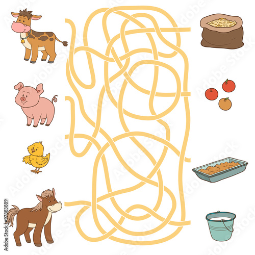 Maze game (farm animals and food). Cow, pig, chicken, horse photo