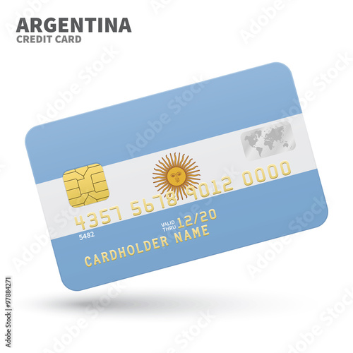 Credit card with Argentina flag background for bank, presentations and business. Isolated on white