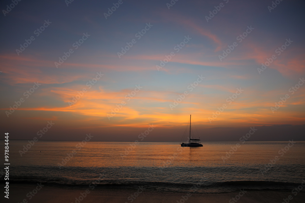 Amazing sunset view with catamaran on the sea. Amazing sunset view with catamaran on the sea.