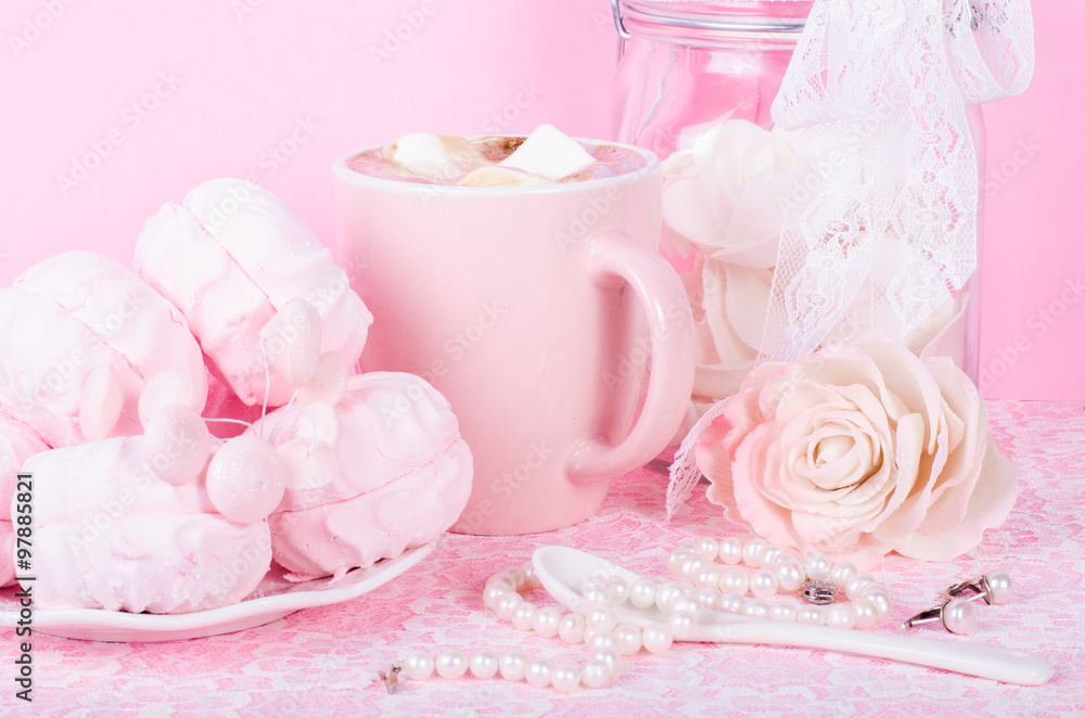 Cute set of pink princess accessories and sweets. Bottle with mastic flowers, big peach rose, zefir, cup of cacao with marshmellow, little spoon and pearl jewerly. Cute set of pink princess accessories and sweets. Bottle with mastic flowers, big peach rose, zefir, cup of cacao with marshmellow, little spoon and pearl jewerly.