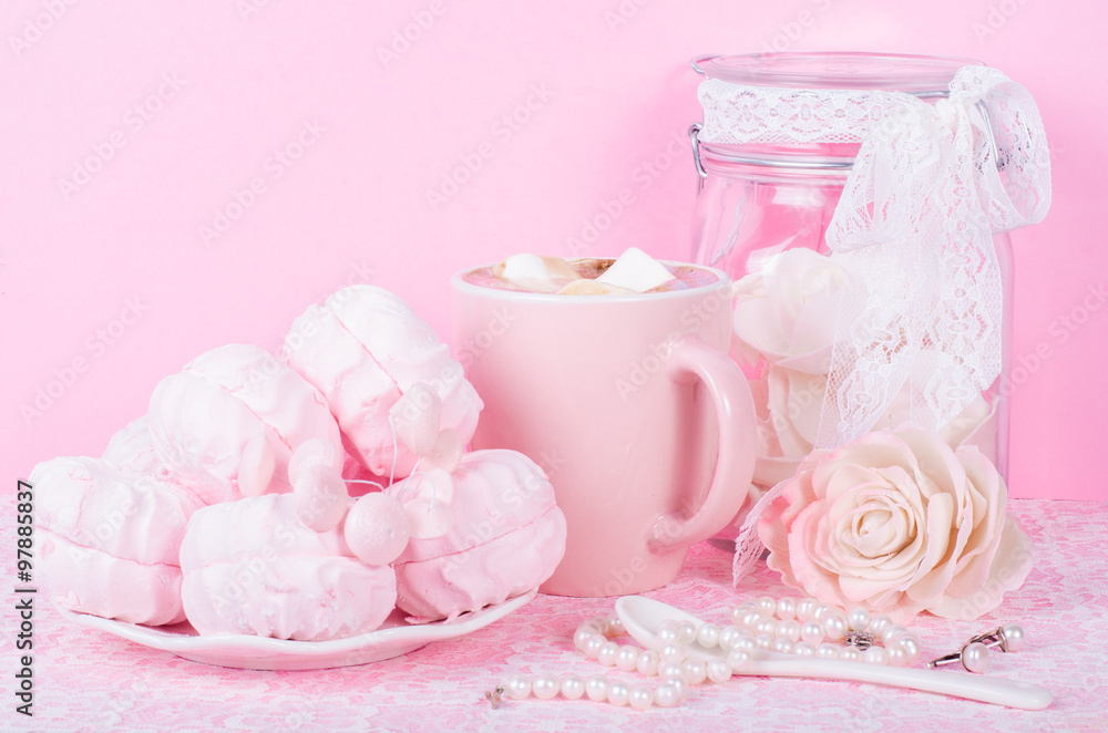 Cute set of pink princess accessories and sweets. Bottle with mastic flowers, big peach rose, zefir, cup of cacao with marshmellow, little spoon and pearl jewerly. Cute set of pink princess accessories and sweets. Bottle with mastic flowers, big peach rose, zefir, cup of cacao with marshmellow, little spoon and pearl jewerly.