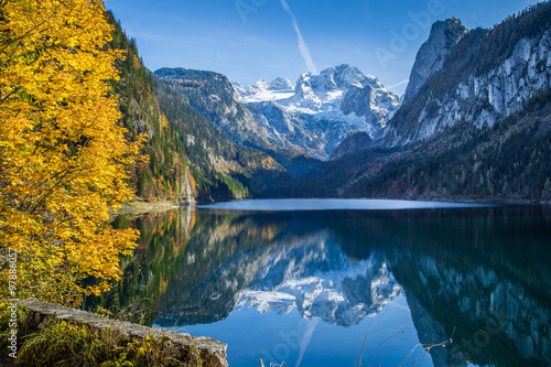 Autumn scenery with Dachstein mountain at Gosausee, Salzkammergut, Austria photo