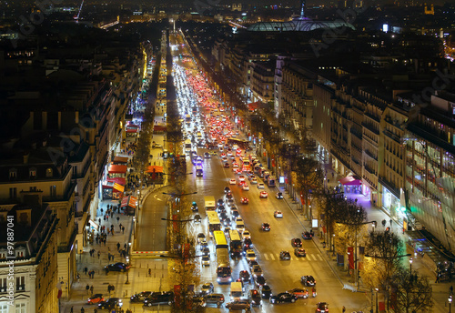 Night view from Triumphal Arch, Paris, France.