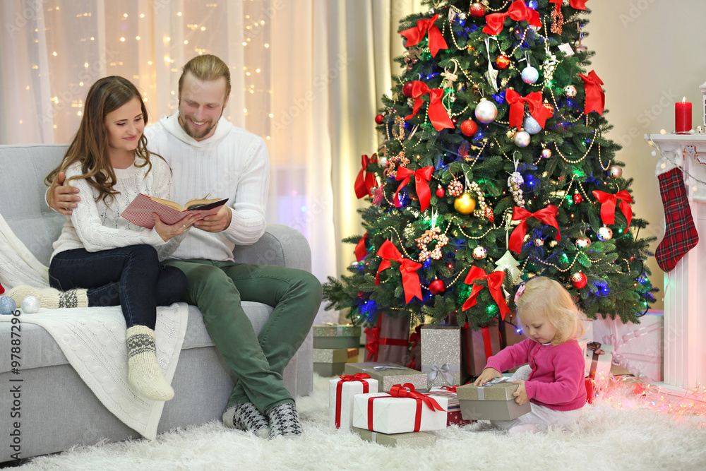 Christmas family portrait in home holiday living room Christmas family portrait in home holiday living room
