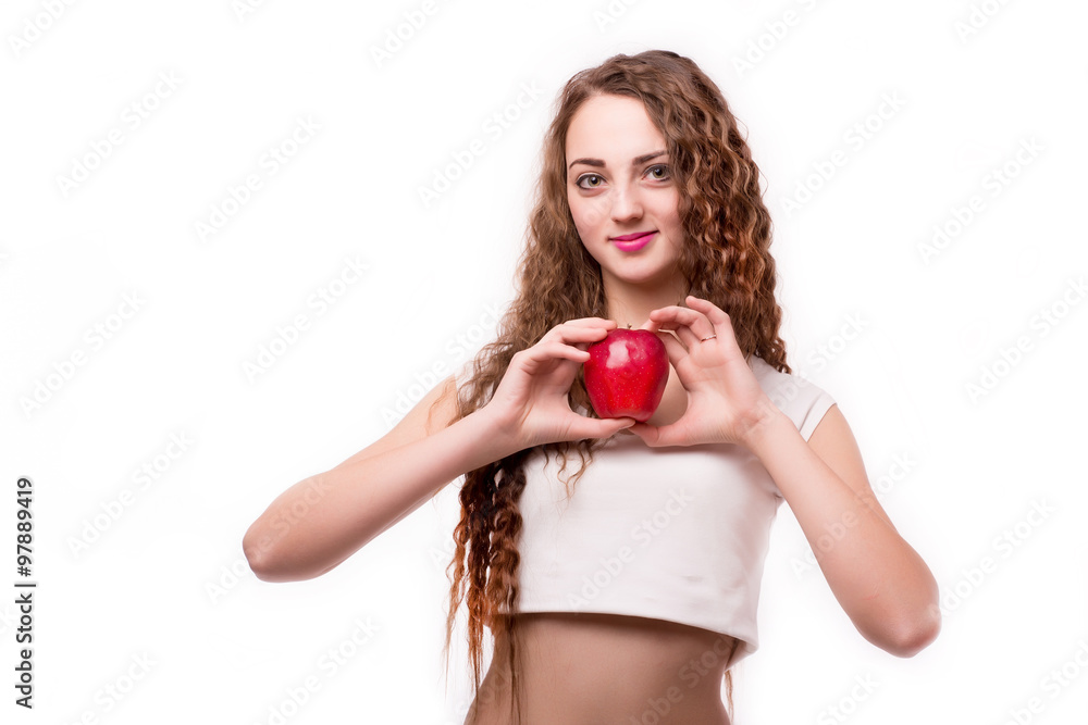 Glossy teen with apple in hand / concept of attractive girl holding with fruits on white background Glossy teen with apple in hand / concept of attractive girl holding with fruits on white background