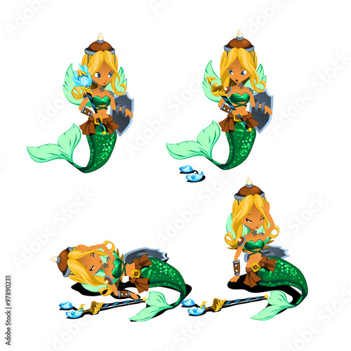 Set of fairy girls icon with weapon, animation character