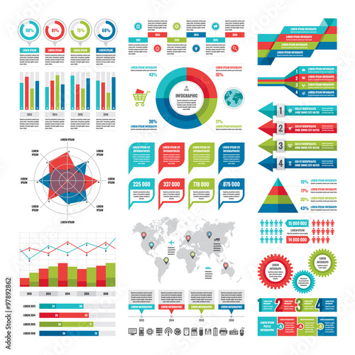 Business infographic concept - vector set of infographic elements in flat design style for presentation, booklet, website etc. Big set of Infographics. Infographics collection. Vector icons set.